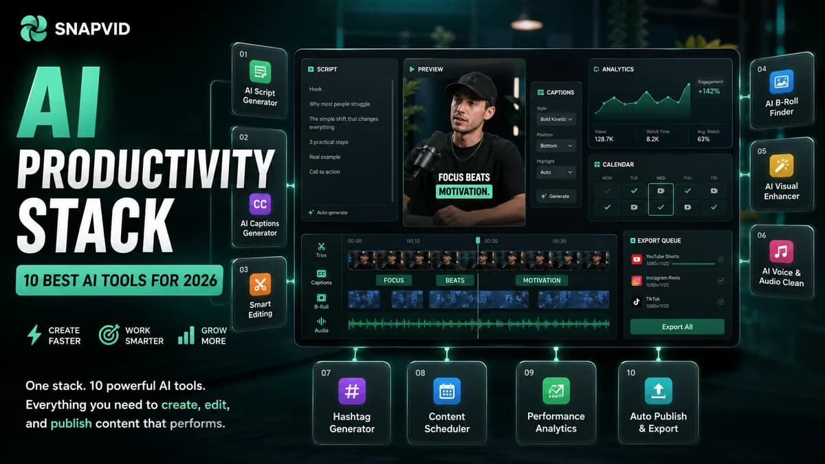 SNAPVID AI productivity stack dashboard for short-form video creators