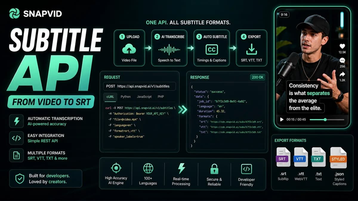 Subtitle API pipeline from transcription to styled rendered video