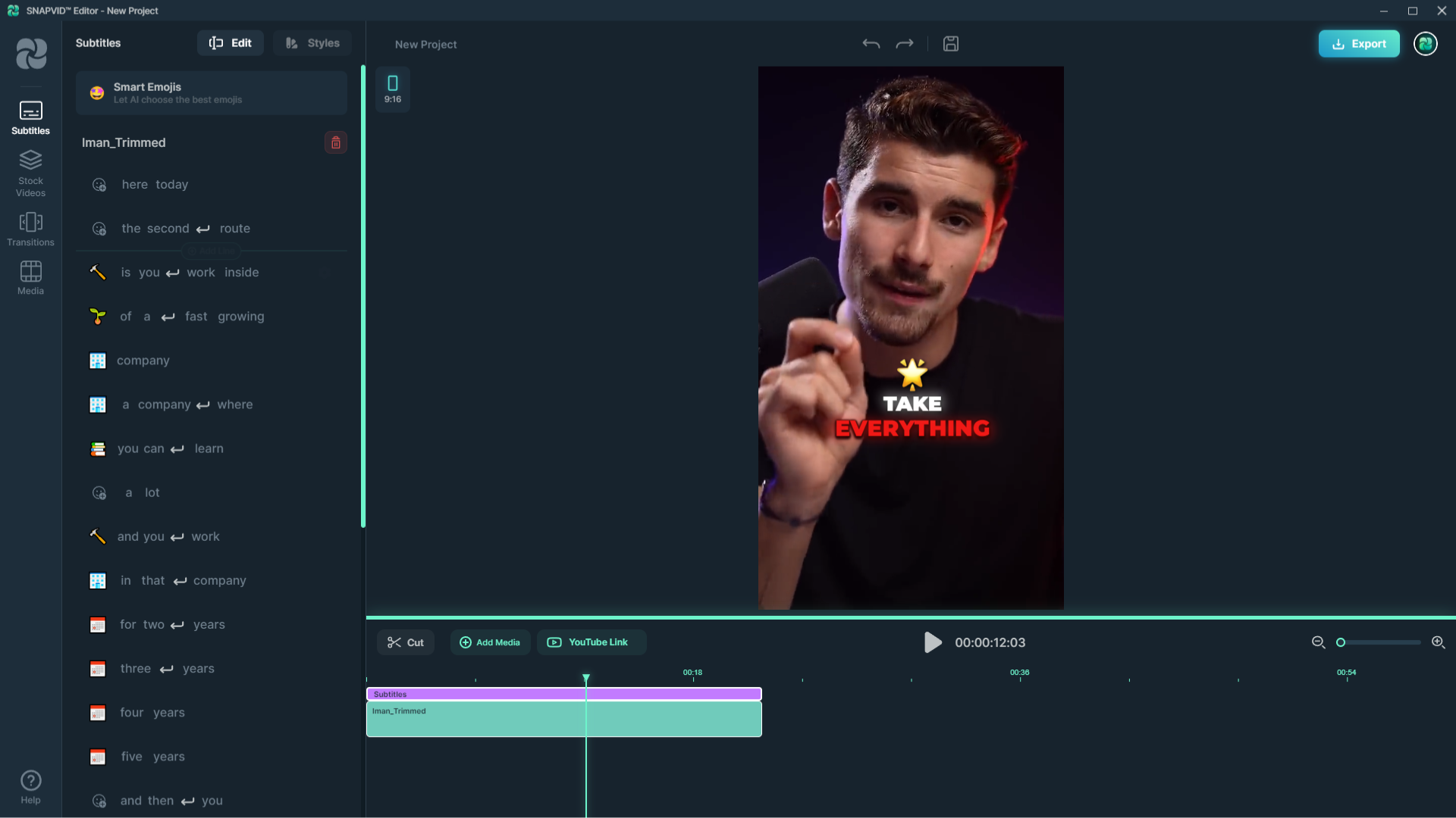 SNAPVID desktop app preview with AI captions and short-form video editing tools